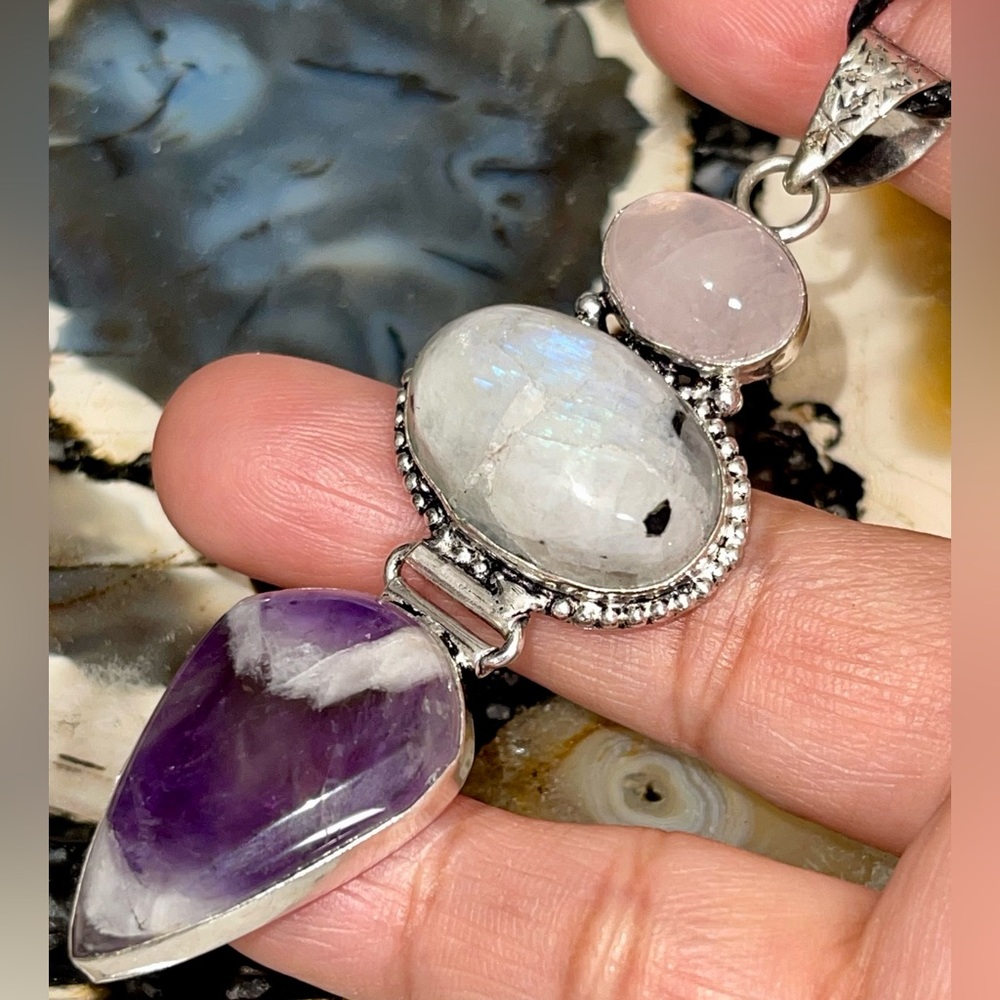 ❌SALE Crack Moonstone ❌ Rose Quartz, Amethyst Crystal Pendant 3 1/4” - Picture 10 of 17
